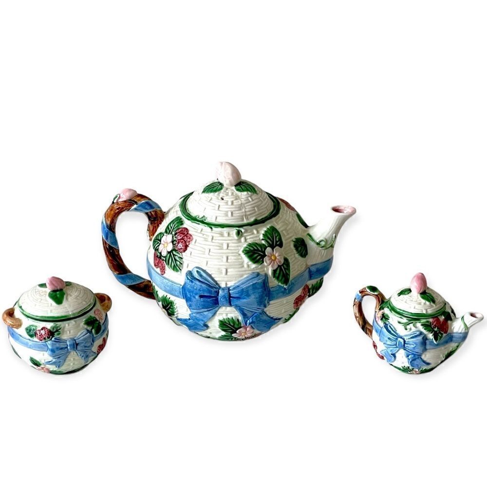 VTG 1985 Haldon Japanese Majolica Ceramic Ribbon Basketweave Teapot 3 Piece Set